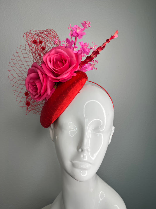Red & Fuchsia Rose Mini Fascinator – Kentucky Derby / Oaks Statement Headpiece
