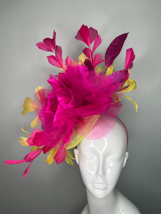 Hot Pink & Lemon Couture Fascinator – Dramatic Kentucky Derby Statement Headpiece