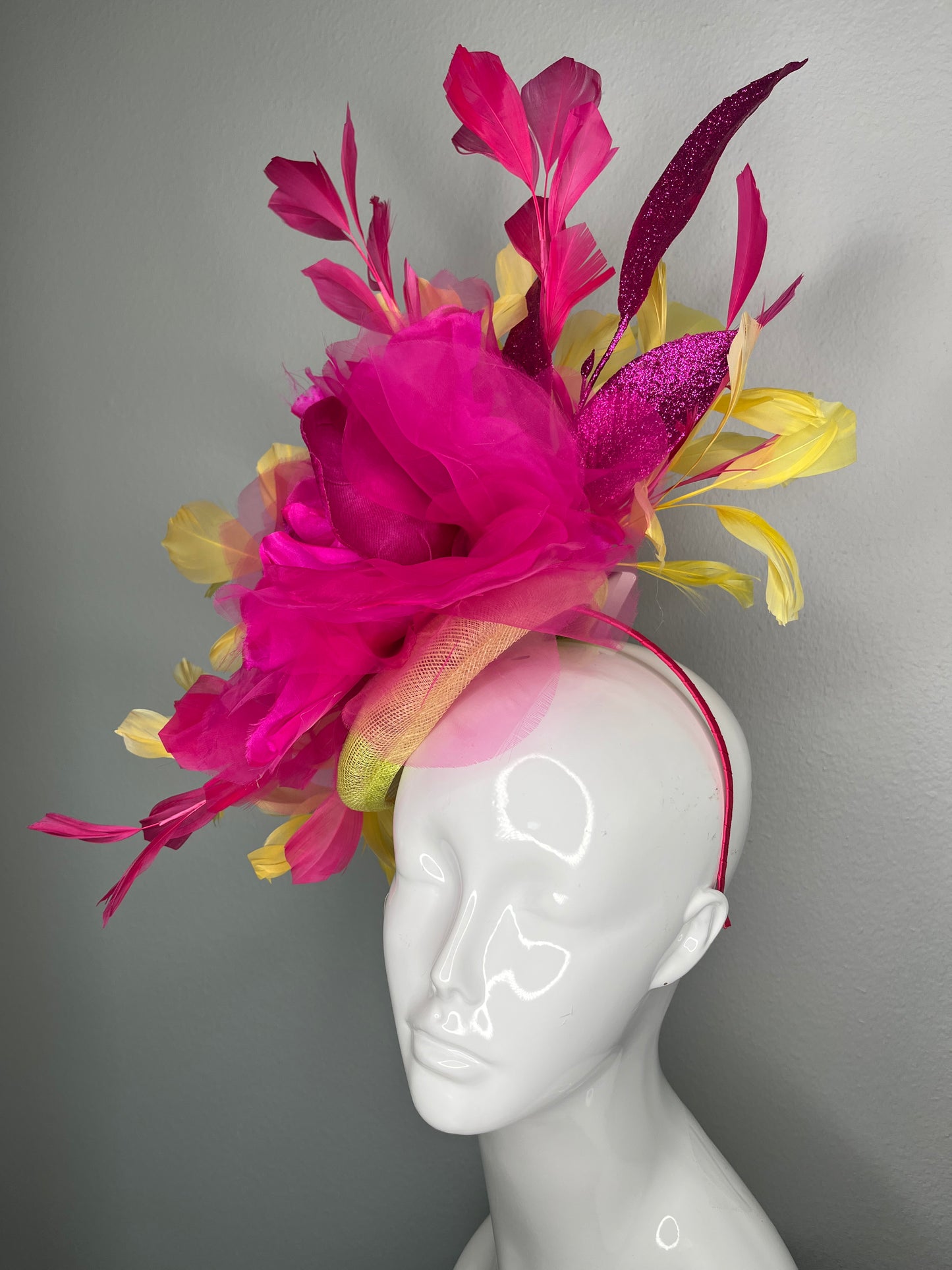 Hot Pink & Lemon Couture Fascinator – Dramatic Kentucky Derby Statement Headpiece