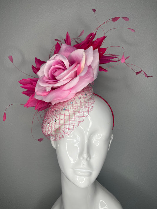 Blush & Fuchsia Rose Fascinator | Pink Oaks Derby Headpiece with Feather & Crystal Veil