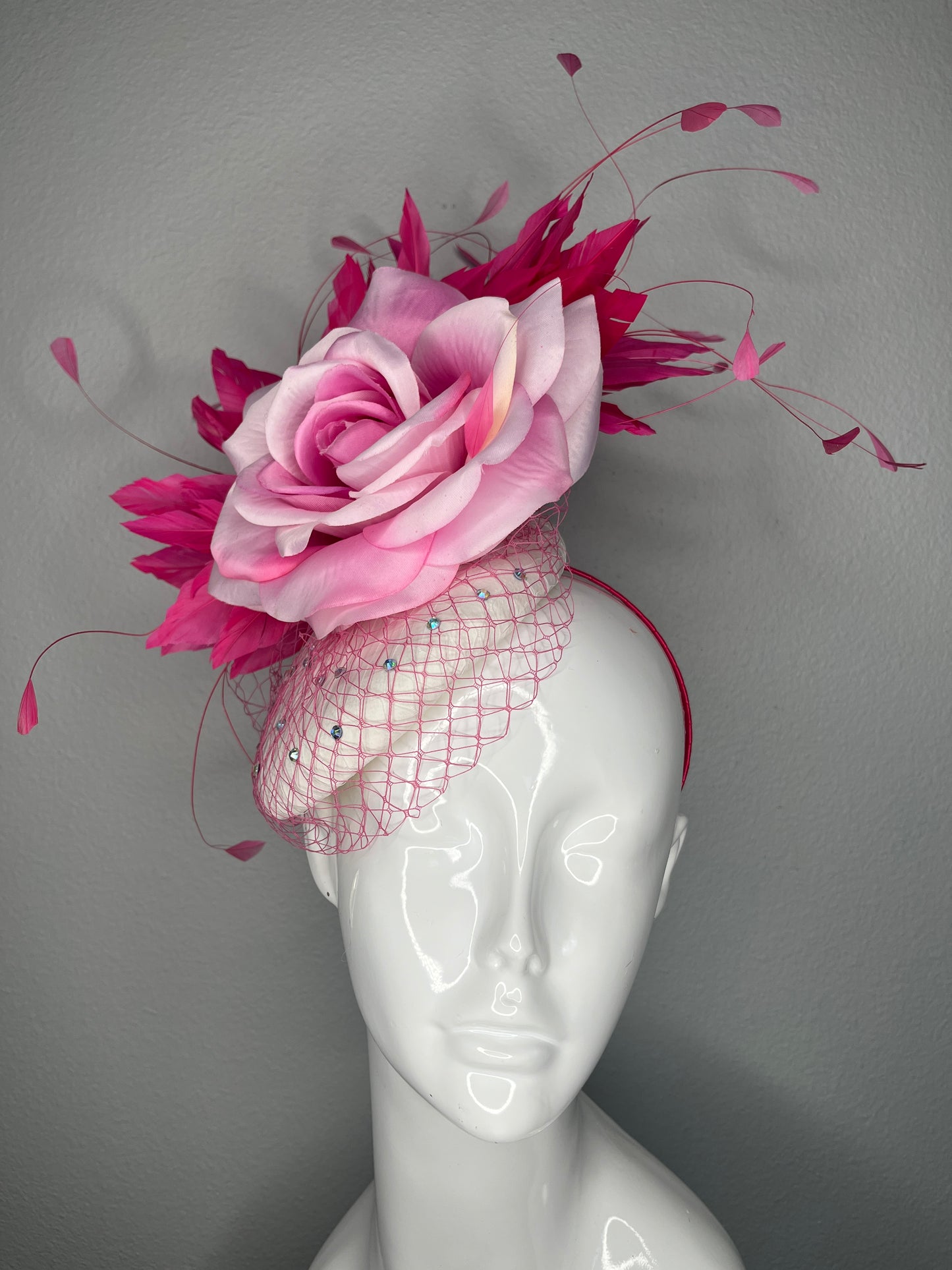 Blush & Fuchsia Rose Fascinator | Pink Oaks Derby Headpiece with Feather & Crystal Veil
