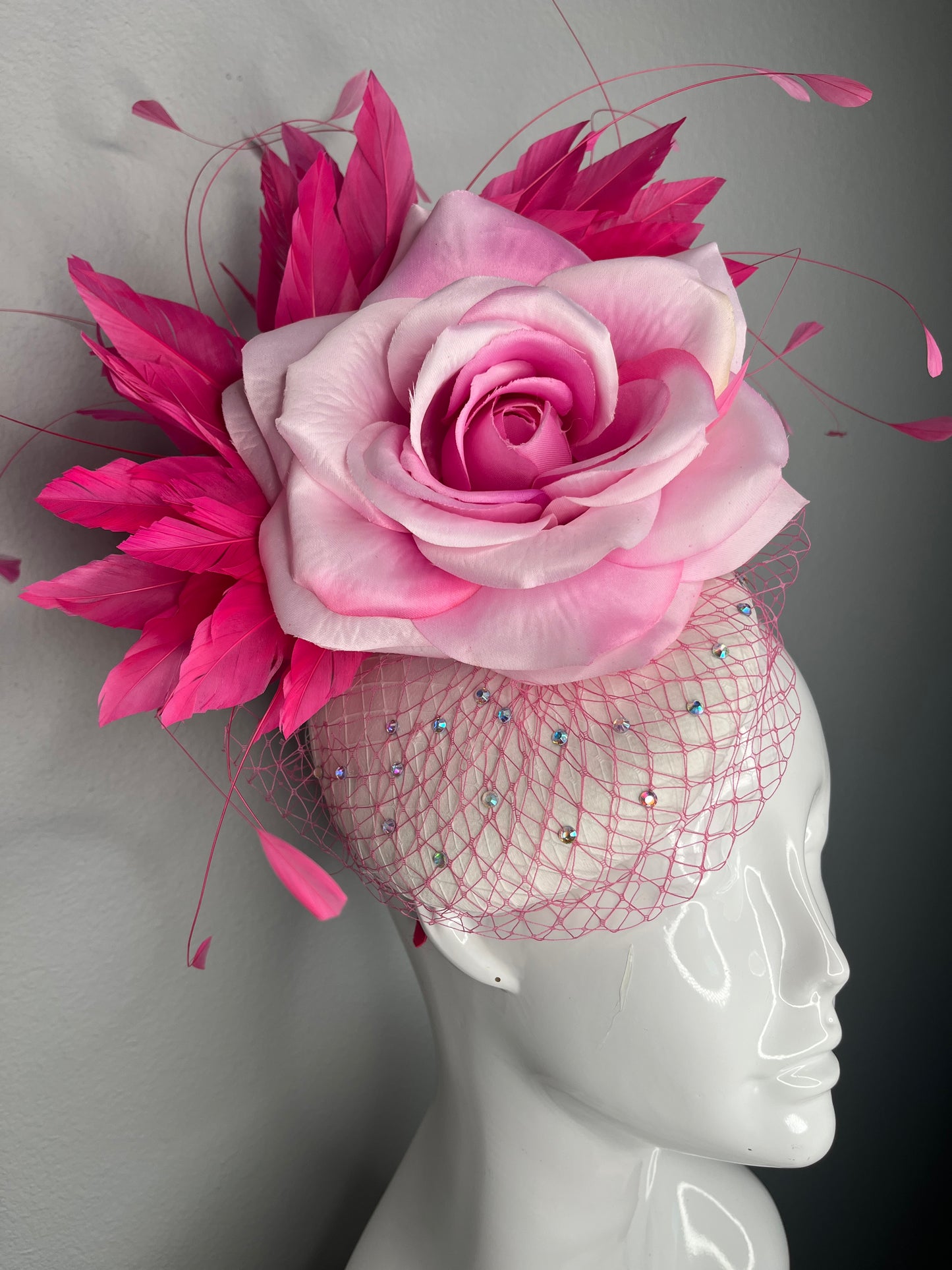 Blush & Fuchsia Rose Fascinator | Pink Oaks Derby Headpiece with Feather & Crystal Veil