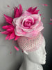Blush & Fuchsia Rose Fascinator | Pink Oaks Derby Headpiece with Feather & Crystal Veil