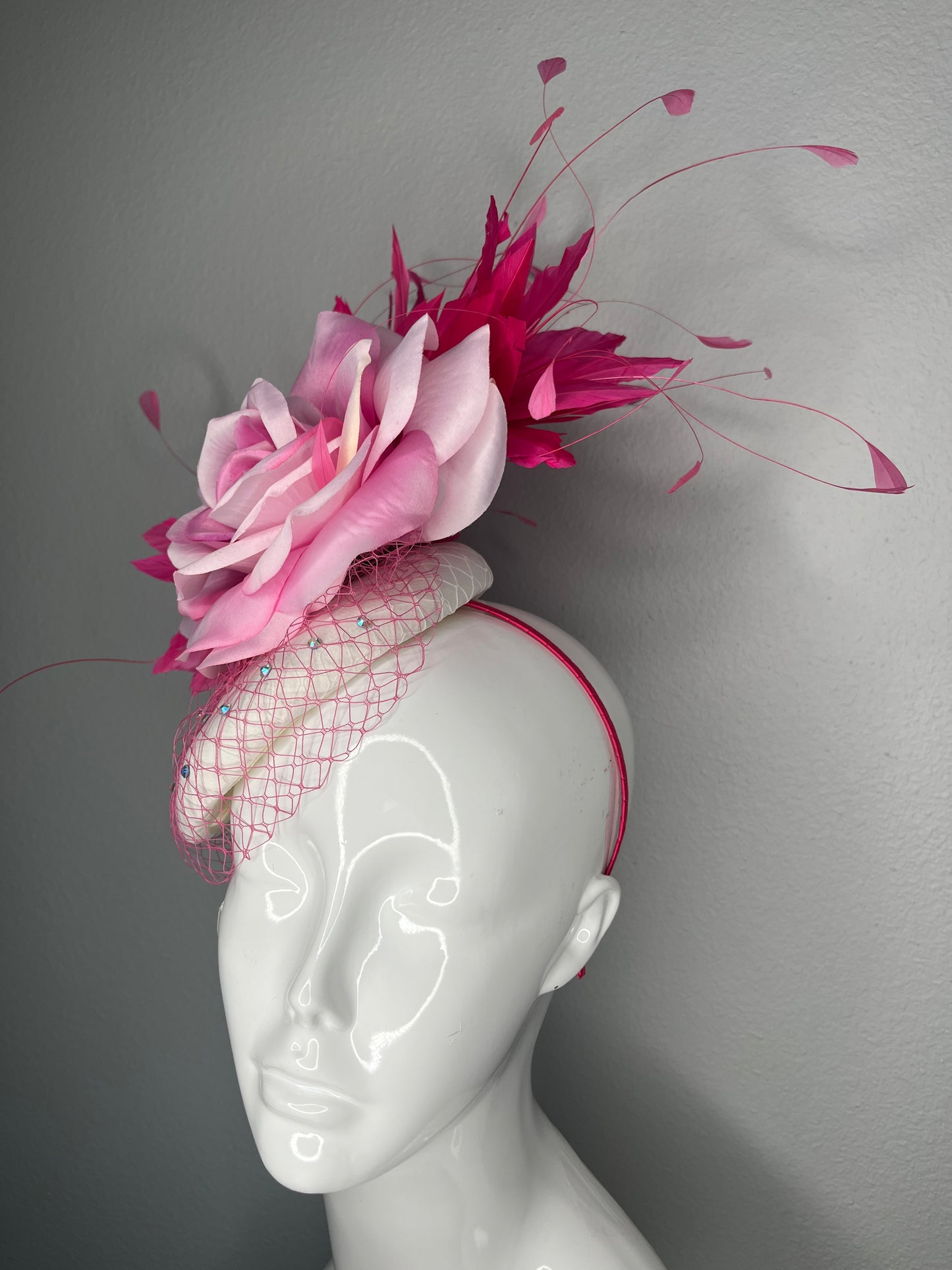 Blush & Fuchsia Rose Fascinator | Pink Oaks Derby Headpiece with Feather & Crystal Veil