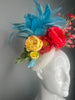Coral Bloom & Blue Feather Fascinator – Bold Derby Statement Headpiece