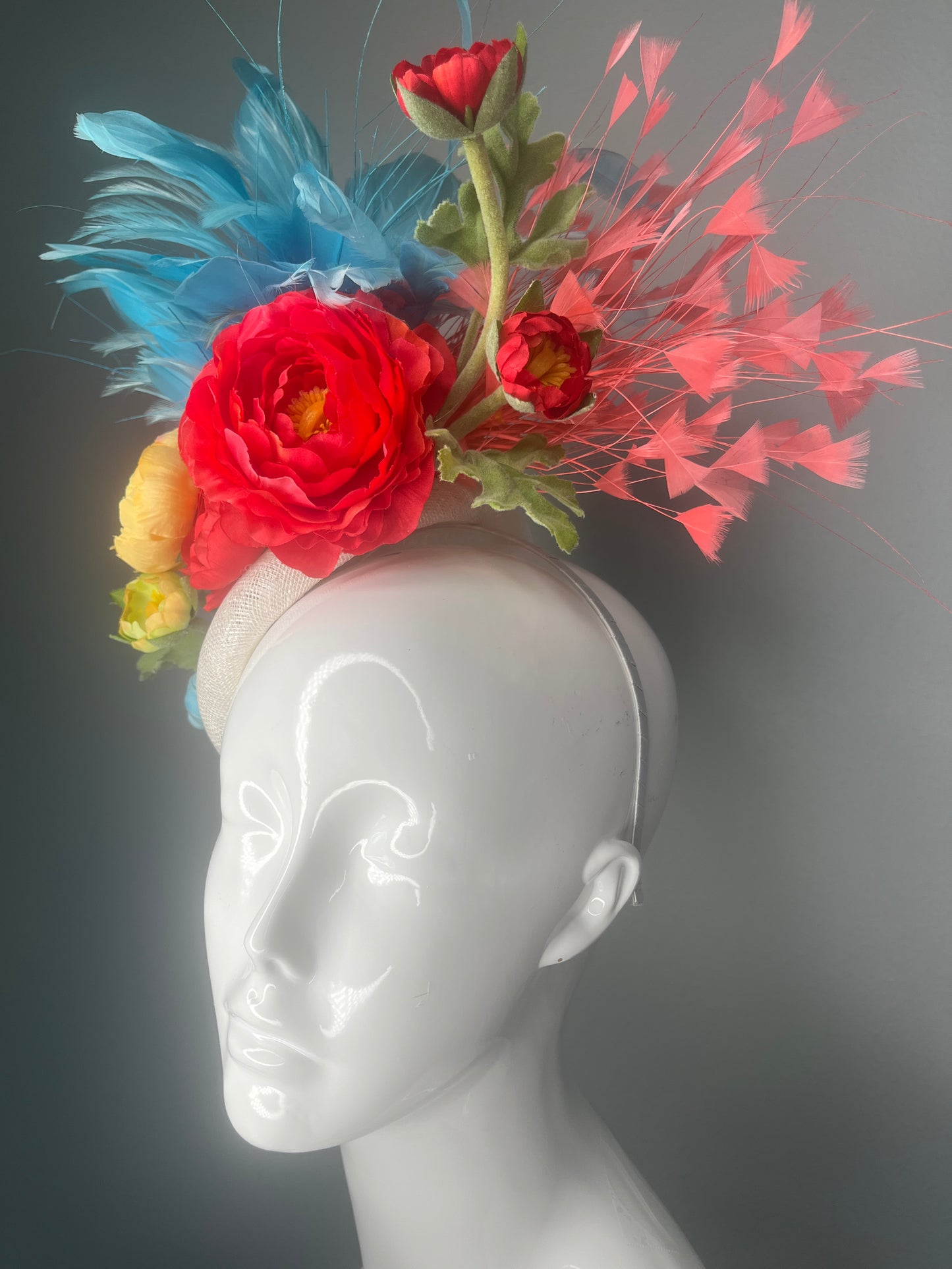 Coral Bloom & Blue Feather Fascinator – Bold Derby Statement Headpiece