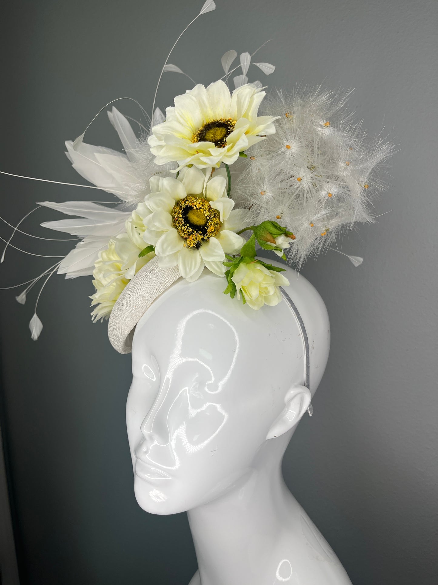 Ivory & Cream Floral Fascinator – Wildflower Derby Hat with Feather Detail – Elegant Derby Headpiece