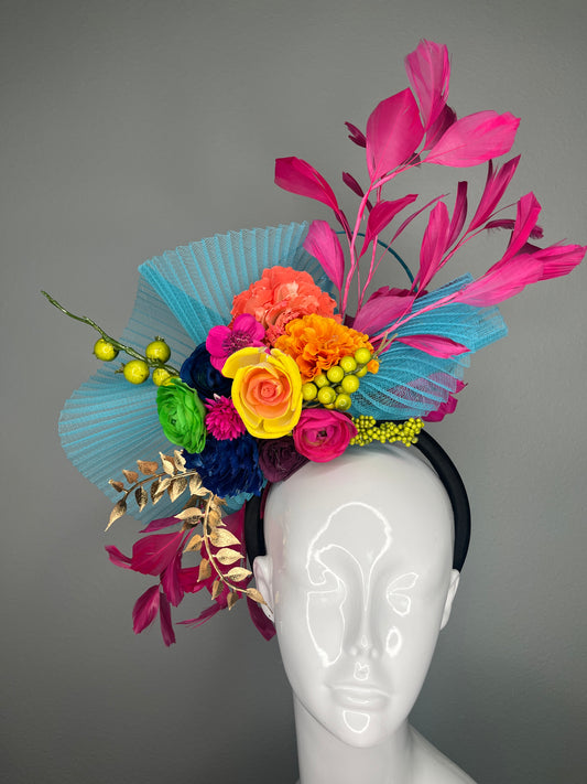 Vibrant Multicolor Derby Fascinator – Hot Pink, Turquoise & Floral Statement Race Day Headpiece