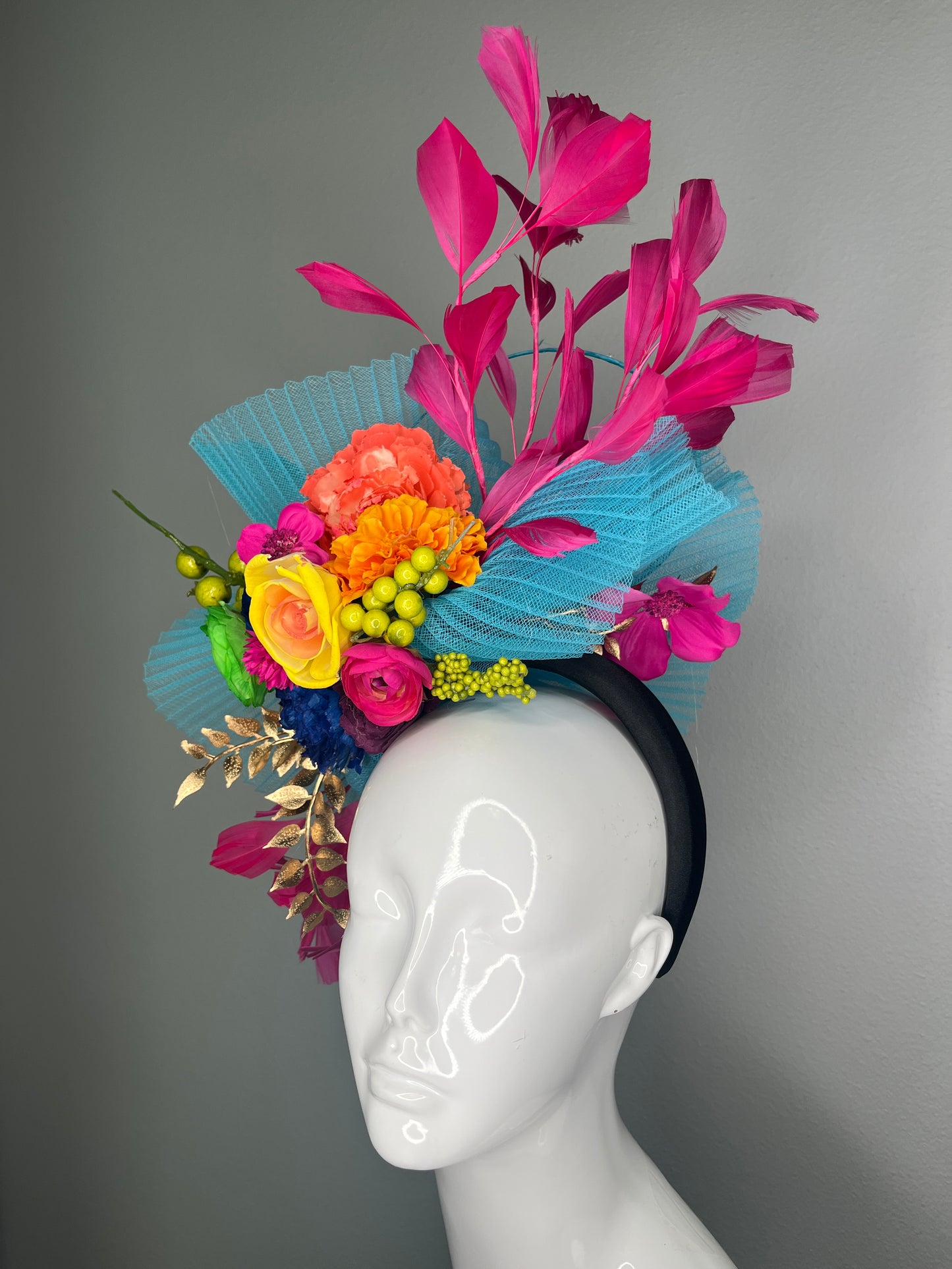 Vibrant Multicolor Derby Fascinator – Hot Pink, Turquoise & Floral Statement Race Day Headpiece