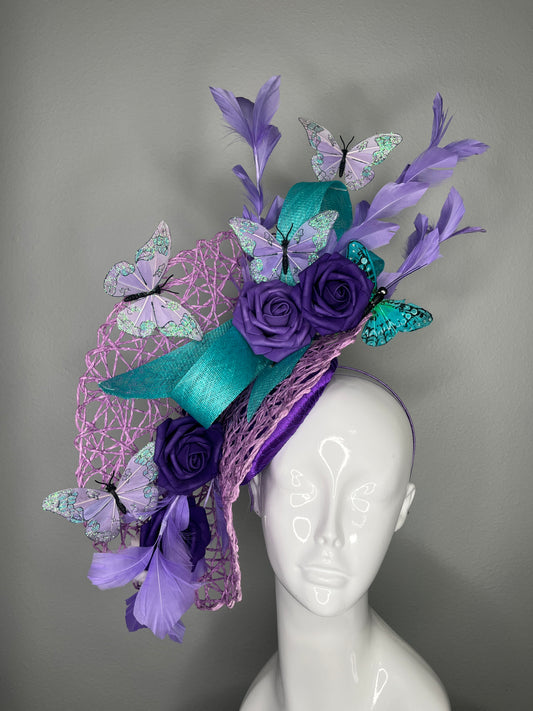 Teal & Lavender Butterfly Couture Fascinator – Purple Rose Statement Headpiece