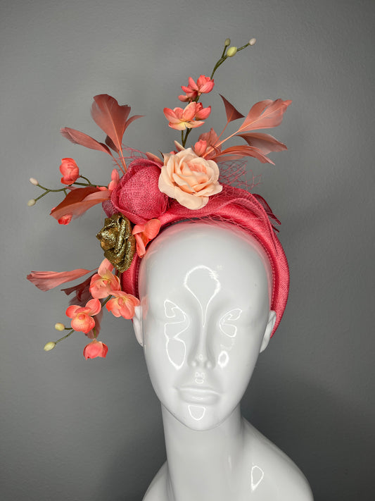 Coral Blush Garden Fascinator – Sculpted Sinamay Headpiece with Peach Rose & Gold Accent