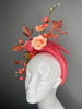 Coral Blush Garden Fascinator – Sculpted Sinamay Headpiece with Peach Rose & Gold Accent