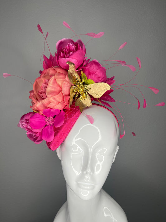 Fuchsia Garden Glam Fascinator – Luxe Peony & Gold Butterfly Statement Headpiece