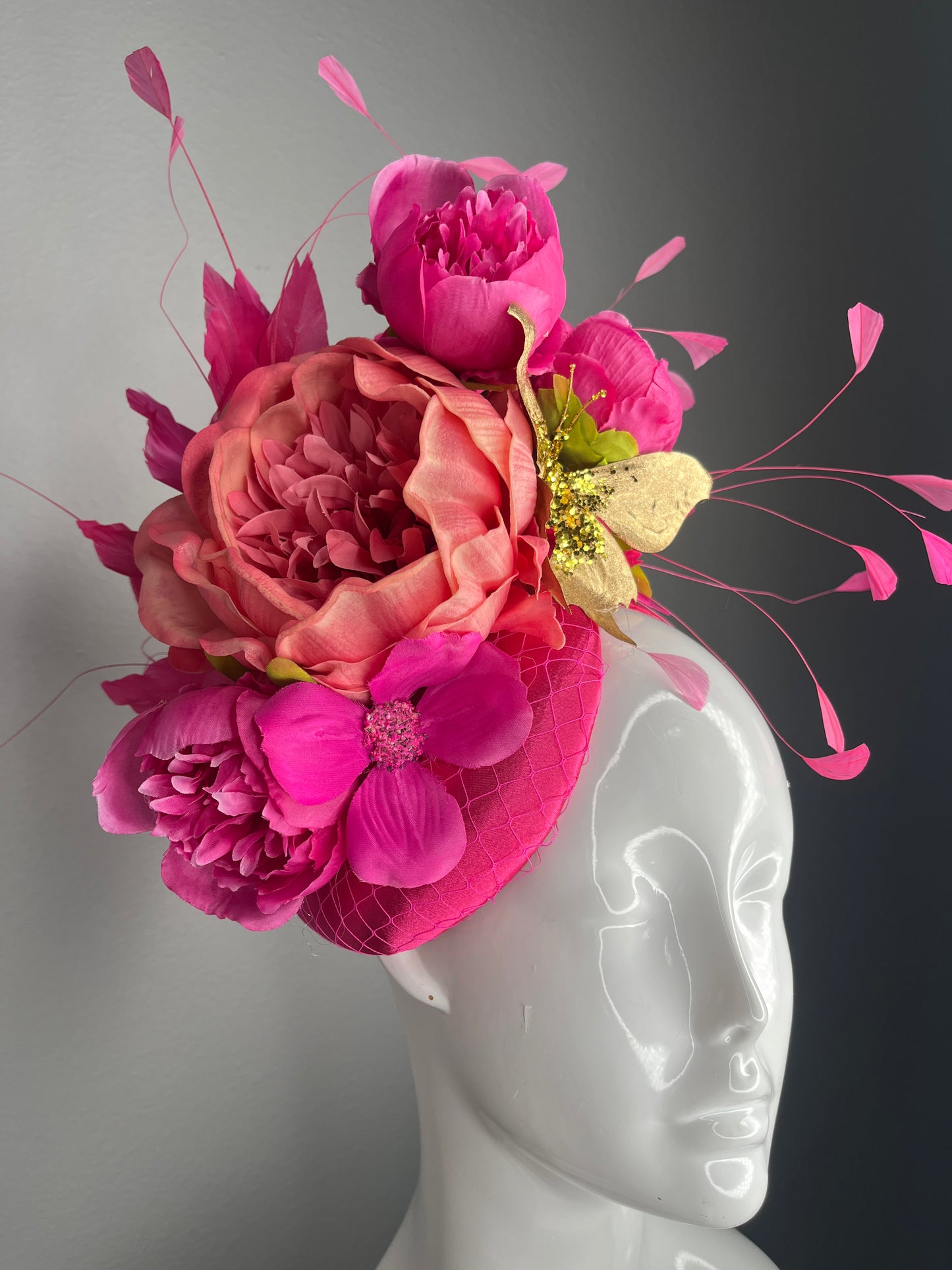 Fuchsia Garden Glam Fascinator – Luxe Peony & Gold Butterfly Statement Headpiece
