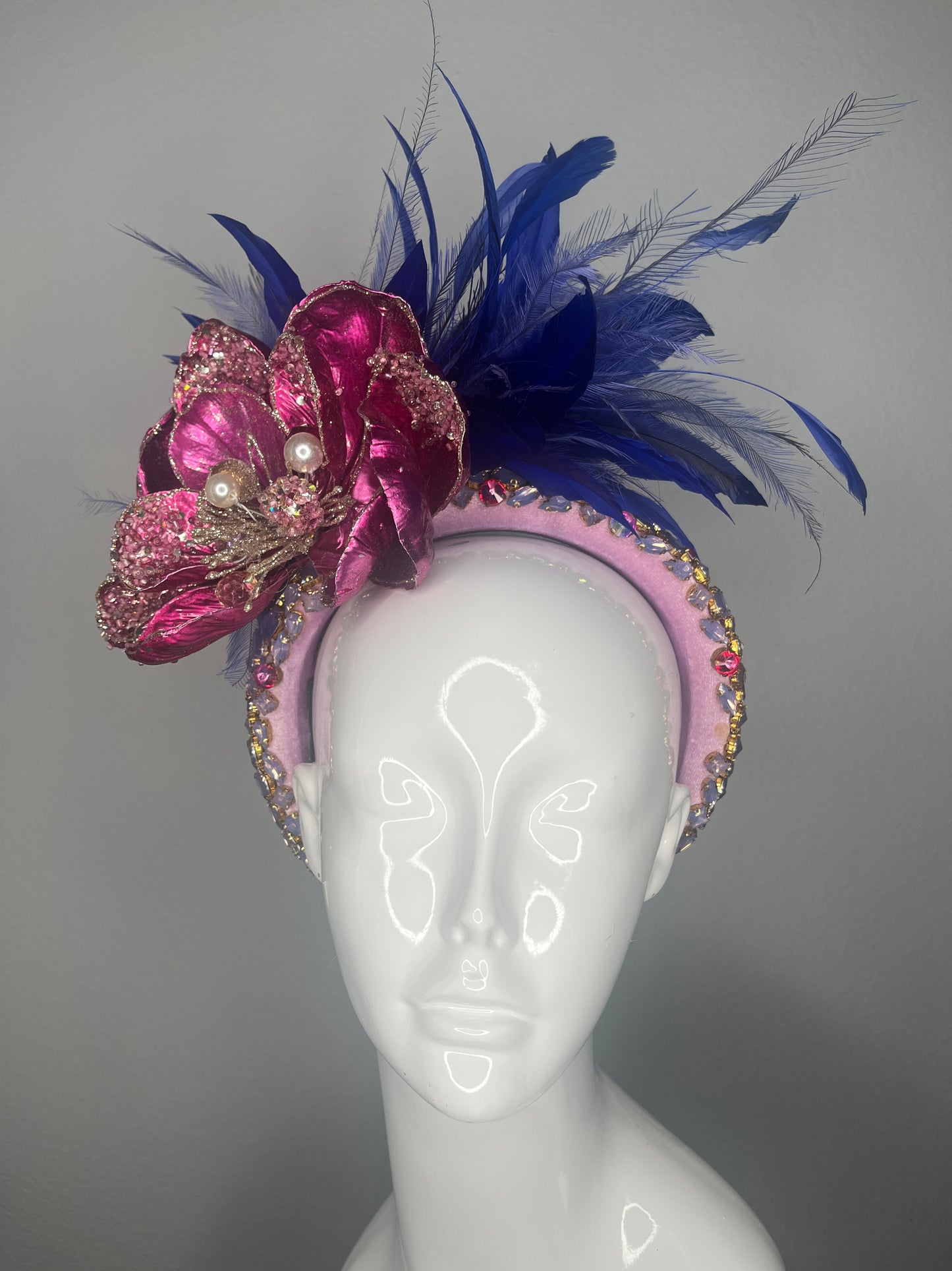 Cobalt & Fuchsia Jewel Derby Fascinator | Embellished Headband with Feathers & Crystal Trim