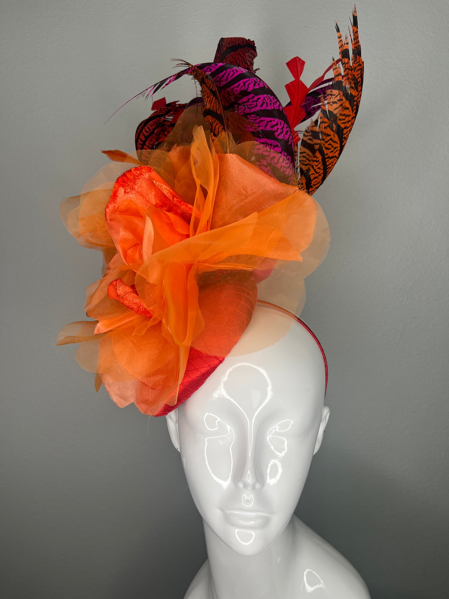 Vibrant Orange Statement Fascinator | Bold Kentucky Derby Headpiece | Exotic Feather Race Day Hat