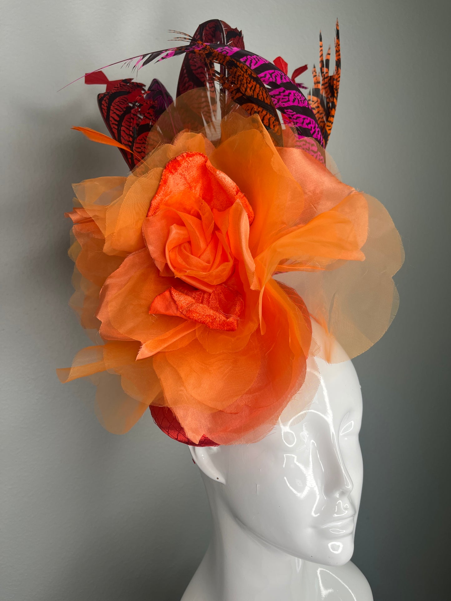 Vibrant Orange Statement Fascinator | Bold Kentucky Derby Headpiece | Exotic Feather Race Day Hat