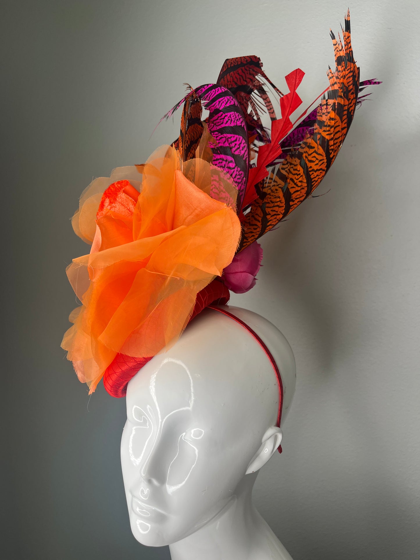 Vibrant Orange Statement Fascinator | Bold Kentucky Derby Headpiece | Exotic Feather Race Day Hat