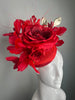Crimson Romance Rose Fascinator – Bold Red Derby Hat with Gold Leaf Accents