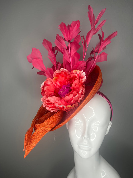 Coral and Fuchsia Floral Fascinator with Sculpted Orange Sinamay and Statement Feathers