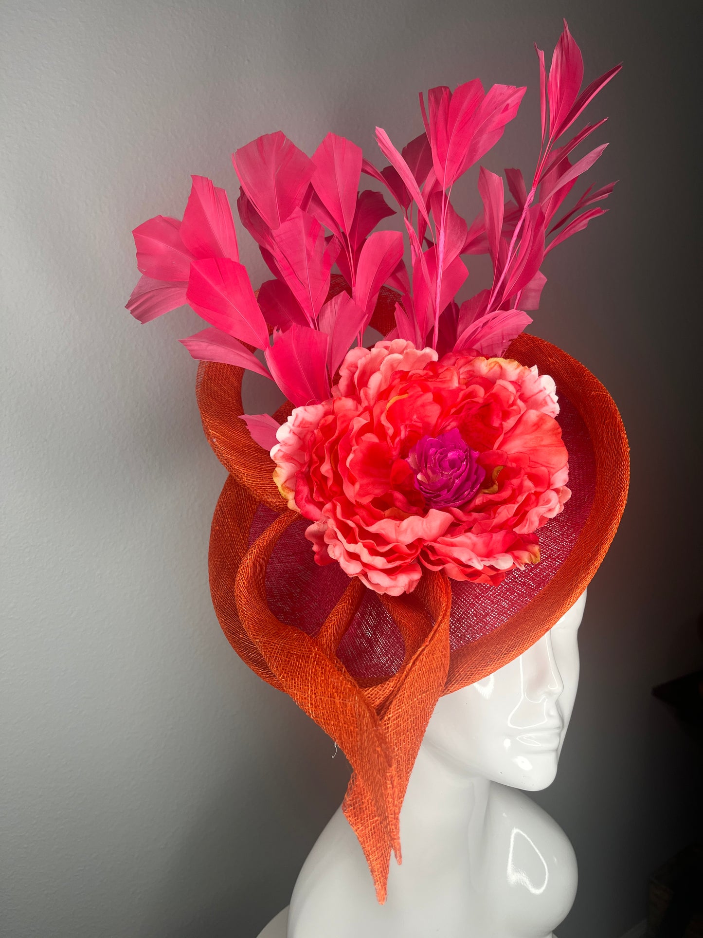 Coral and Fuchsia Floral Fascinator with Sculpted Orange Sinamay and Statement Feathers