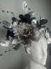 Black and Silver Embellished Floral Headpiece with Crystal Beading and Metallic Leaf Accents