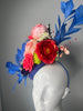 Royal Blue Derby Fascinator with Coral, Peach & Red Floral Arrangement – Kentucky Derby Hat, Statement Race Day Headpiece