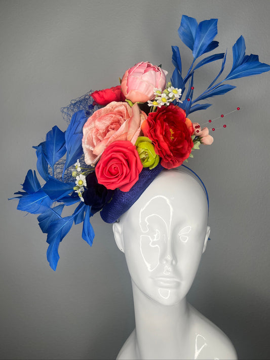 Royal Blue Derby Fascinator with Coral, Peach & Red Floral Arrangement – Kentucky Derby Hat, Statement Race Day Headpiece