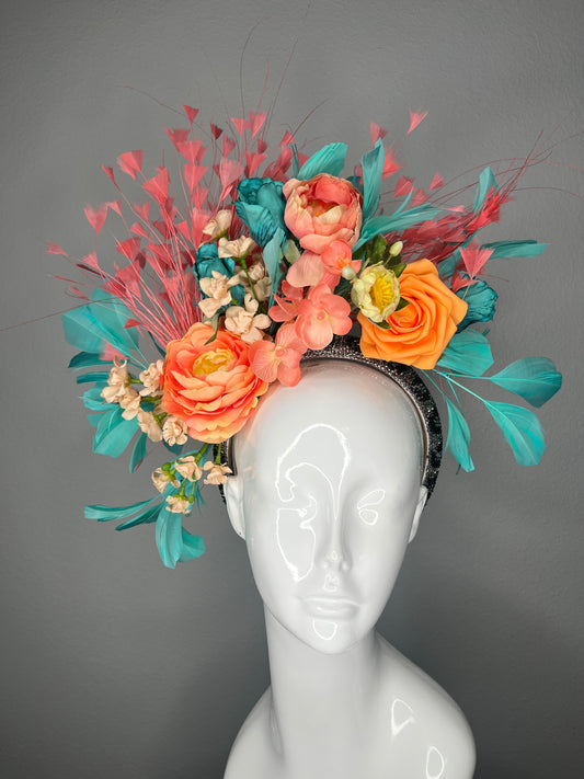 Coral & Teal Kentucky Derby Fascinator – Floral Derby Headpiece with Feathers, Statement Race Day Hat