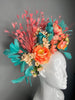 Coral & Teal Kentucky Derby Fascinator – Floral Derby Headpiece with Feathers, Statement Race Day Hat