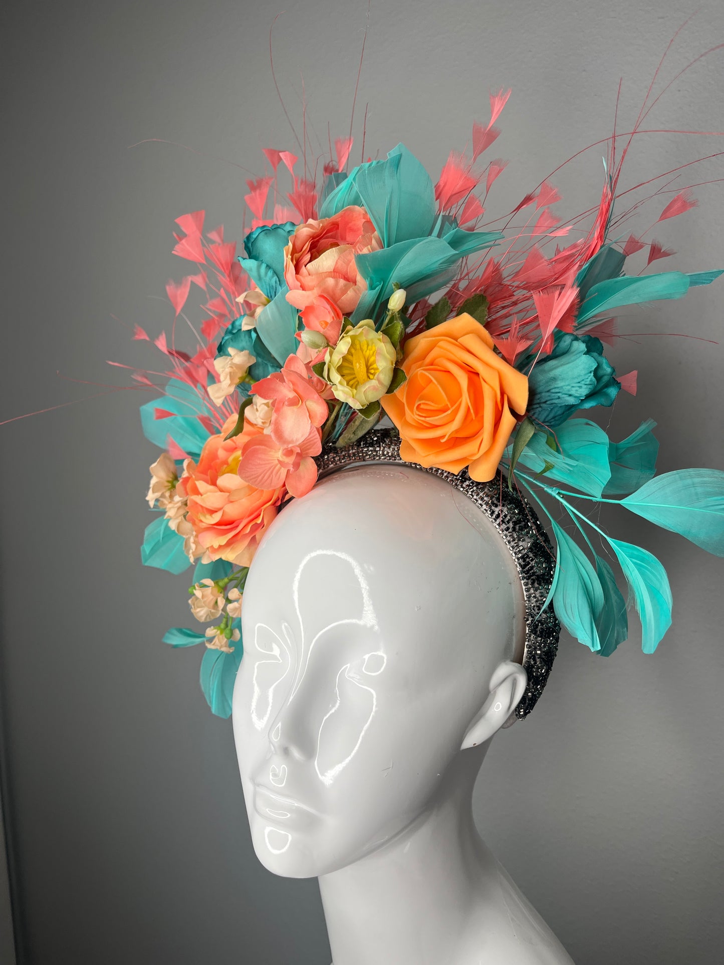 Coral & Teal Kentucky Derby Fascinator – Floral Derby Headpiece with Feathers, Statement Race Day Hat