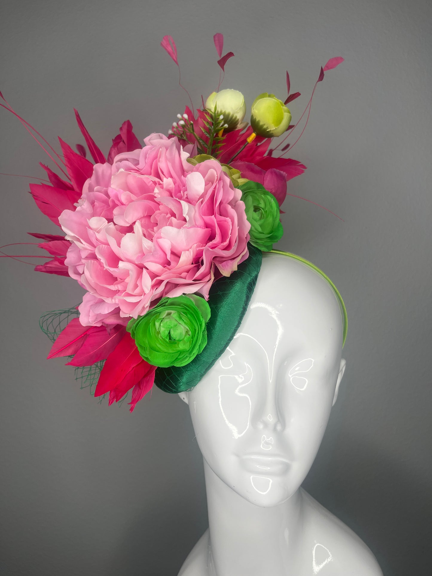 Pink Floral Kentucky Derby Fascinator – Green Base Statement Headpiece for Derby, Oaks & Race Day