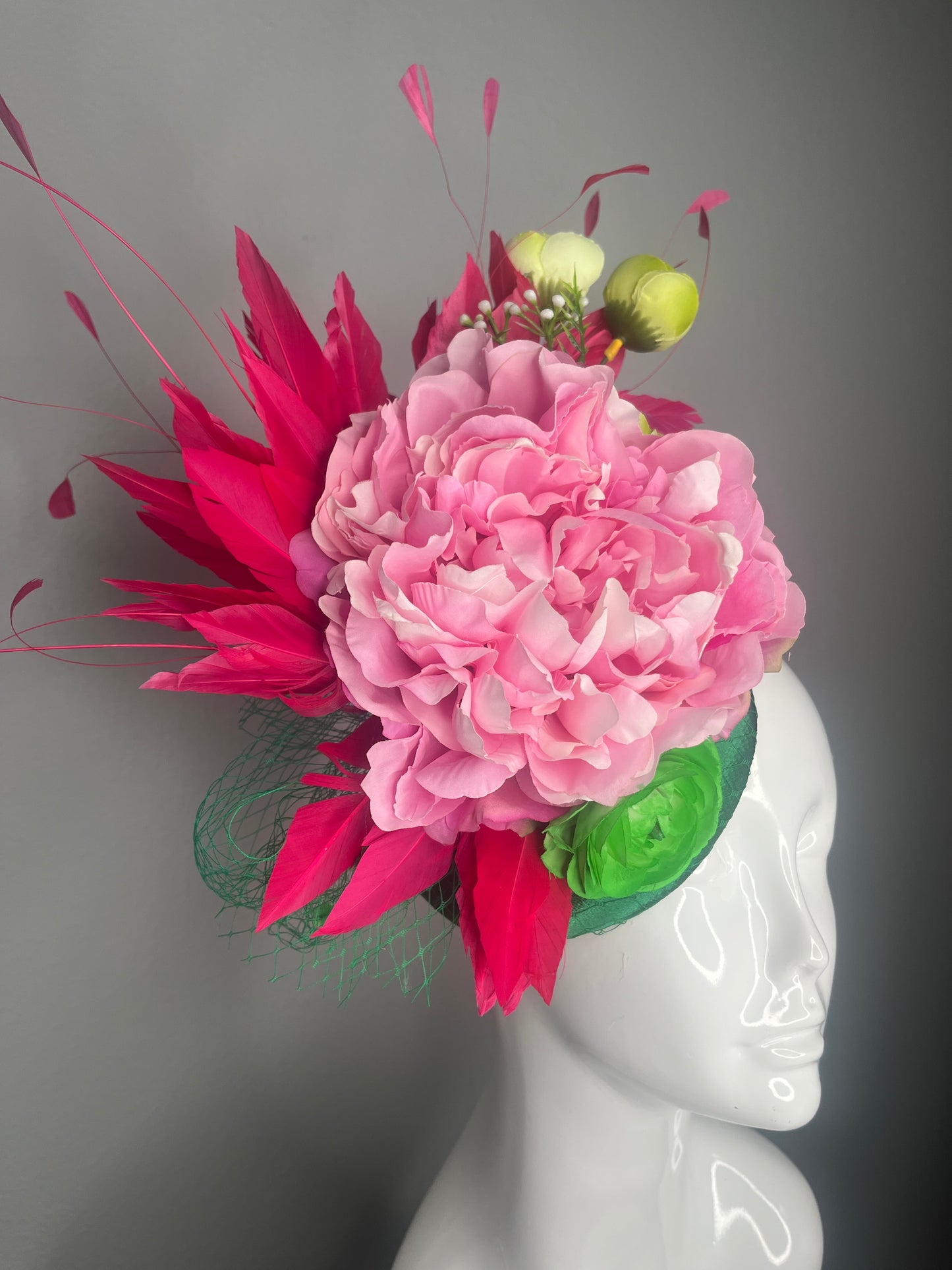 Pink Floral Kentucky Derby Fascinator – Green Base Statement Headpiece for Derby, Oaks & Race Day