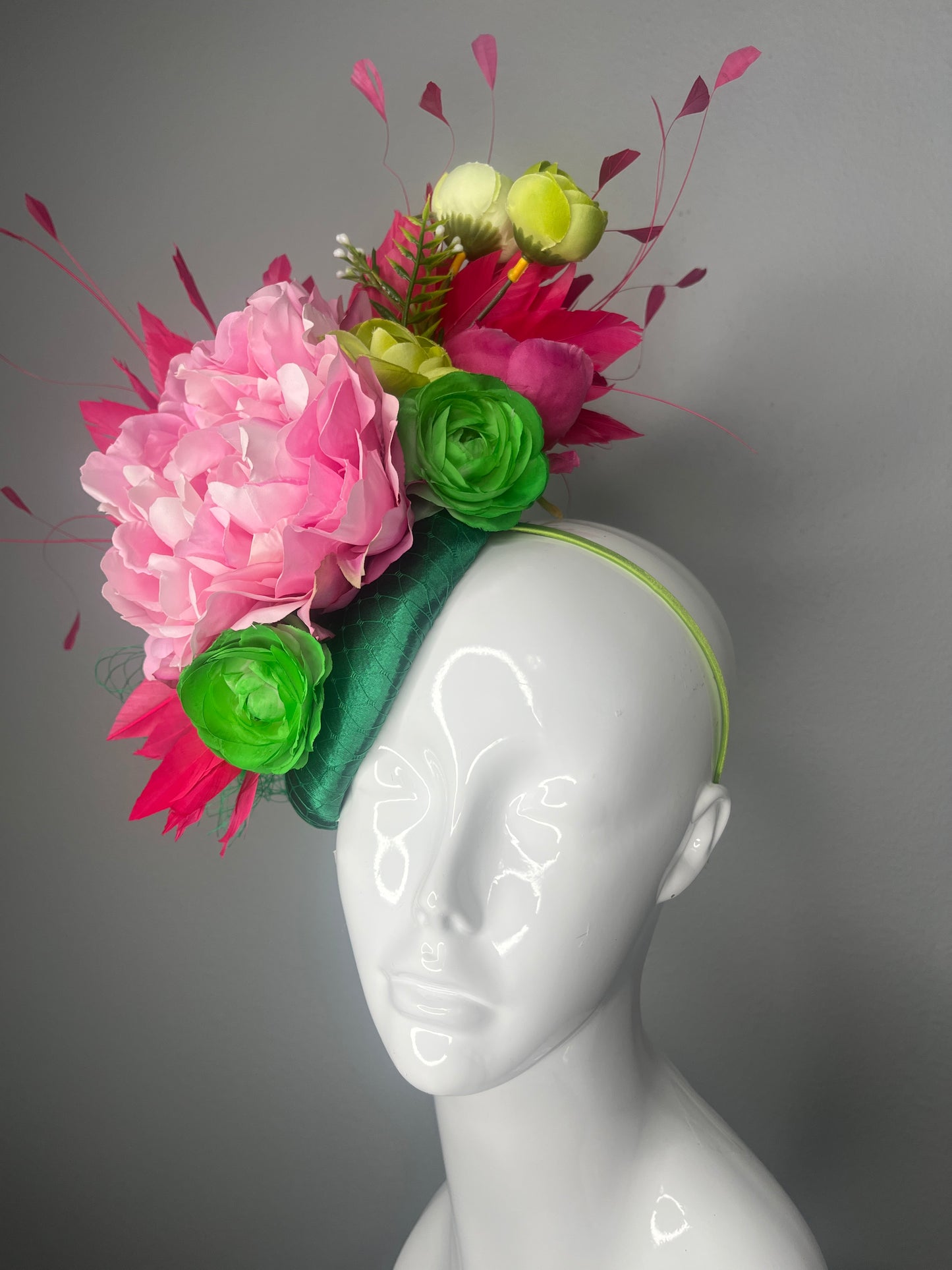 Pink Floral Kentucky Derby Fascinator – Green Base Statement Headpiece for Derby, Oaks & Race Day