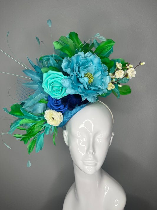 Custom Design - Turquoise and Teal Kentucky Derby Fascinator – Blue Floral Pillbox Hat with Green Feathers and Blossom Accent