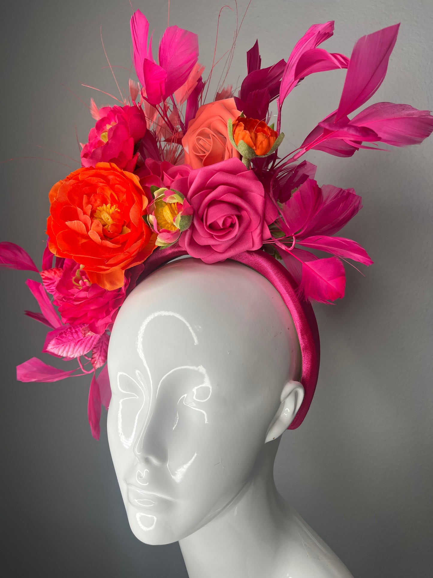 Hot Pink and Orange Kentucky Derby Fascinator – Bold Floral Headband with Fuchsia Feathers