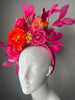 Hot Pink and Orange Kentucky Derby Fascinator – Bold Floral Headband with Fuchsia Feathers