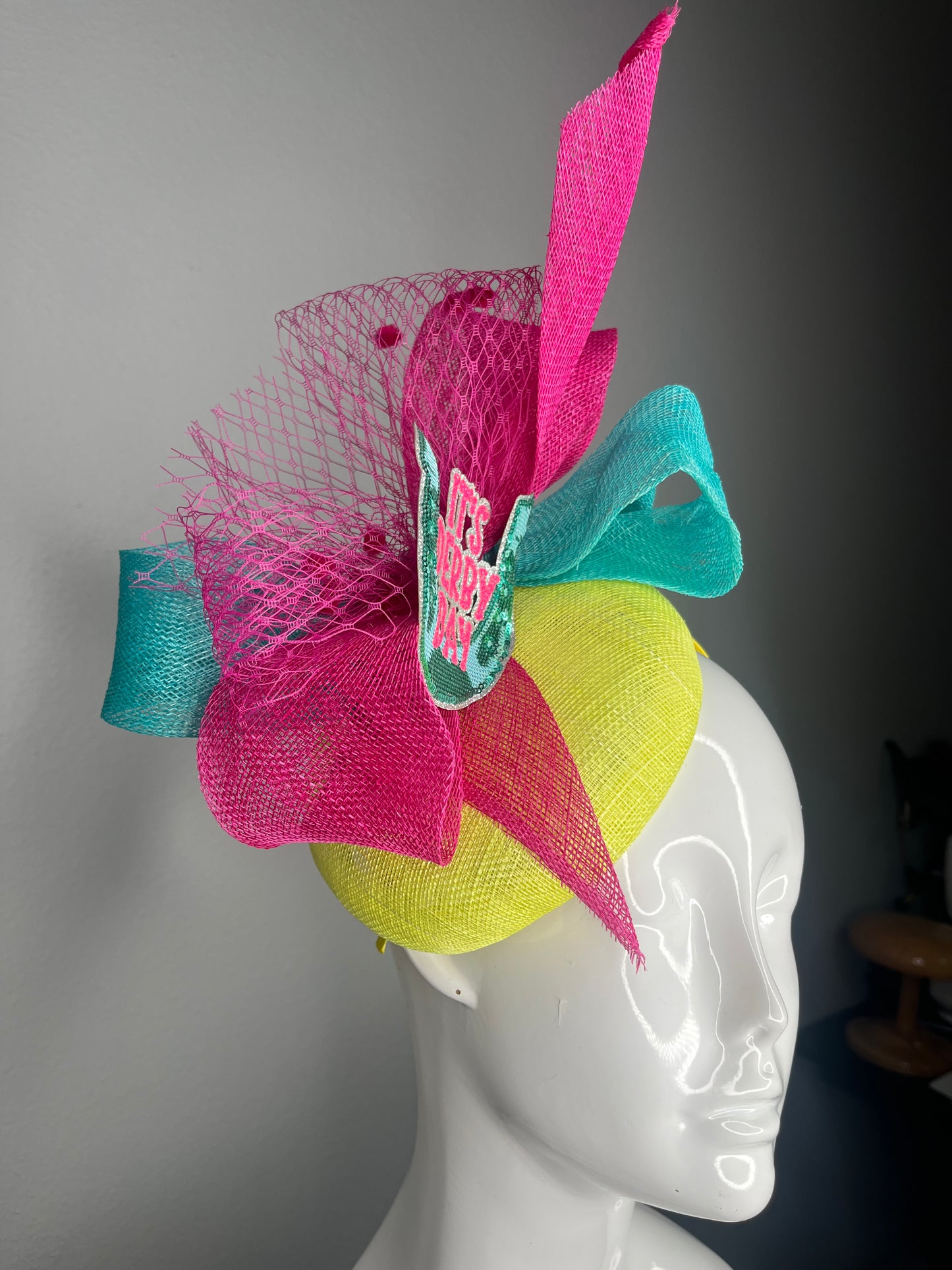 Colorful Kentucky Derby Fascinator  “It’s Derby Day” Horseshoe Hat with Pink, Teal, and Yellow Sinamay