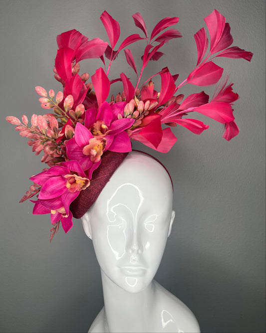 Hot Pink Orchid Kentucky Derby Fascinator – Burgundy Base with Sculptural Feather Spray