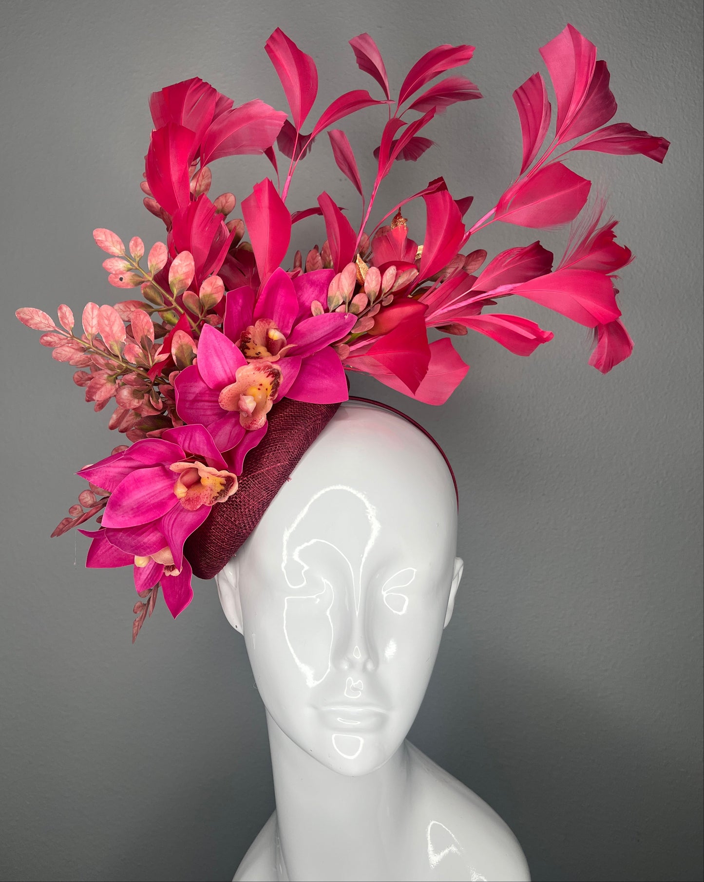Hot Pink Orchid Kentucky Derby Fascinator – Burgundy Base with Sculptural Feather Spray