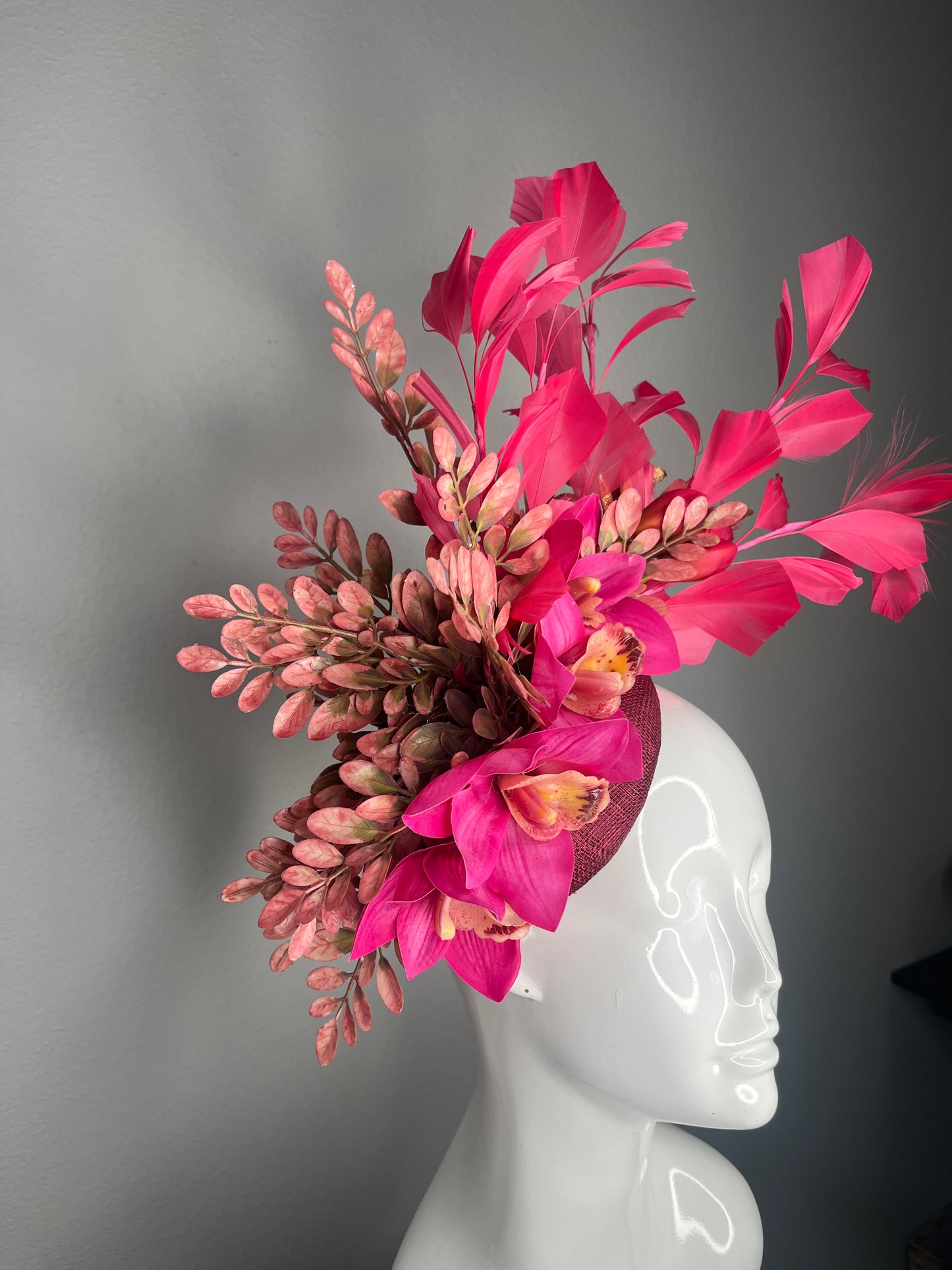 Hot Pink Orchid Kentucky Derby Fascinator – Burgundy Base with Sculptural Feather Spray