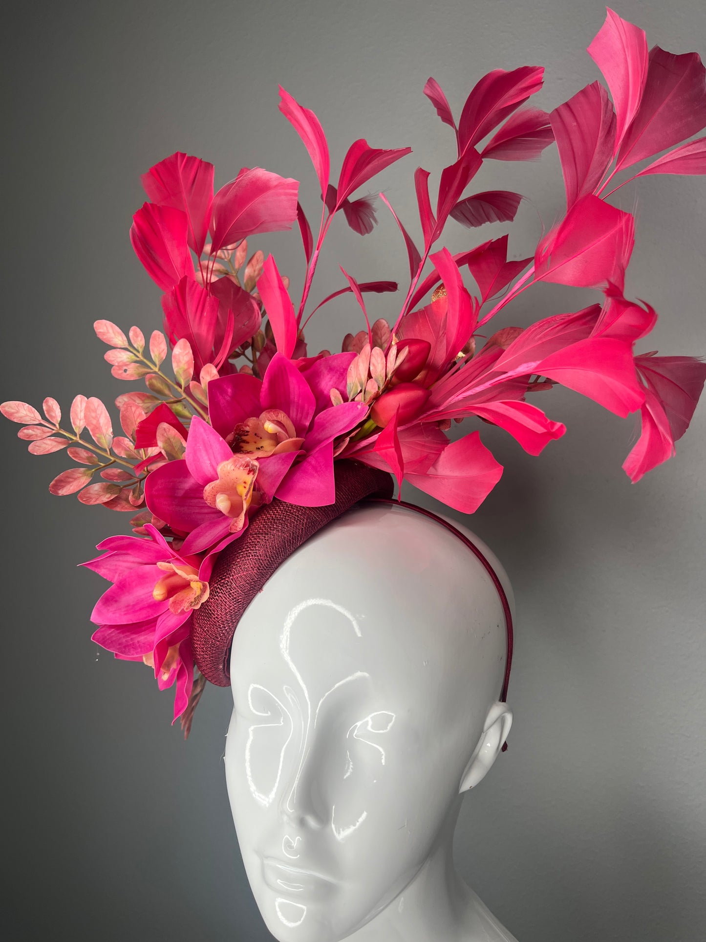 Hot Pink Orchid Kentucky Derby Fascinator – Burgundy Base with Sculptural Feather Spray