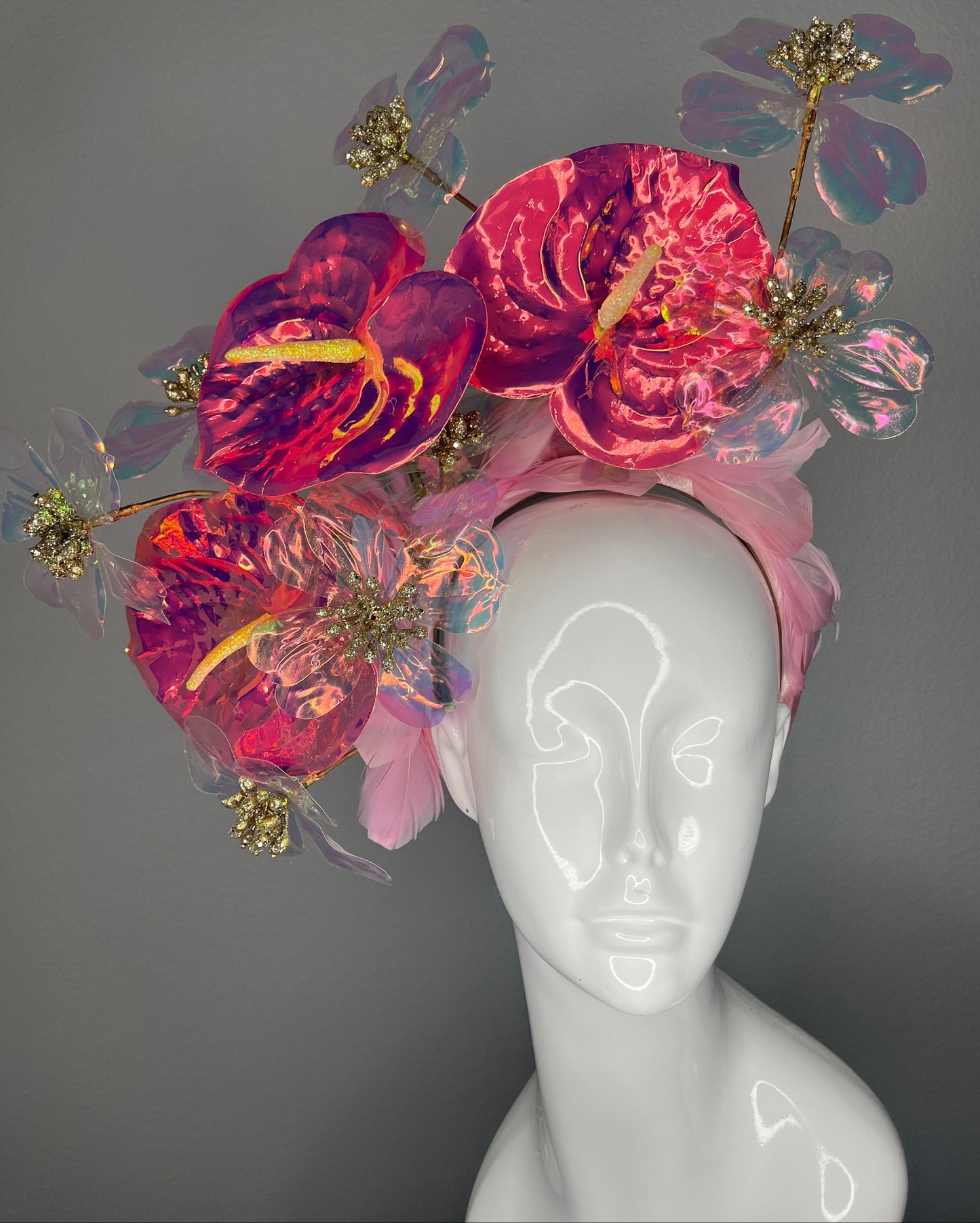 Iridescent Pink Floral Kentucky Derby Fascinator – Sculptural Acrylic Flower Headpiece with Gold Centers