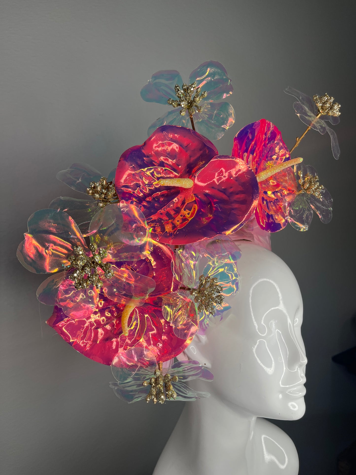Iridescent Pink Floral Kentucky Derby Fascinator – Sculptural Acrylic Flower Headpiece with Gold Centers