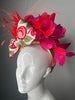 Red and Pink Kentucky Derby Fascinator – Floral Bow Headpiece with Feathers and Gold Headband