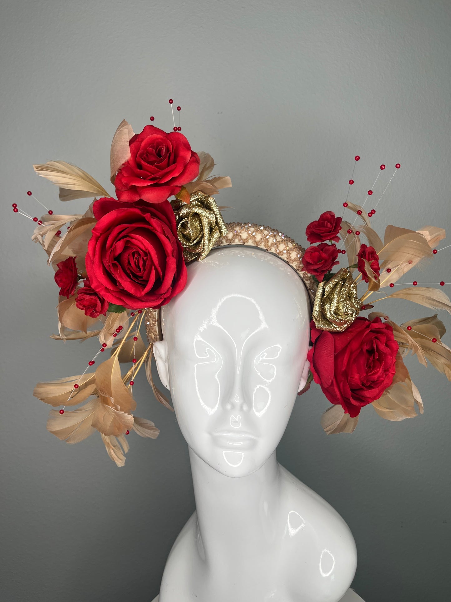 Red & Gold Rose Derby Fascinator | Dramatic Race Day Headpiece | Kentucky Derby Statement Crown | Elegant Floral Hat