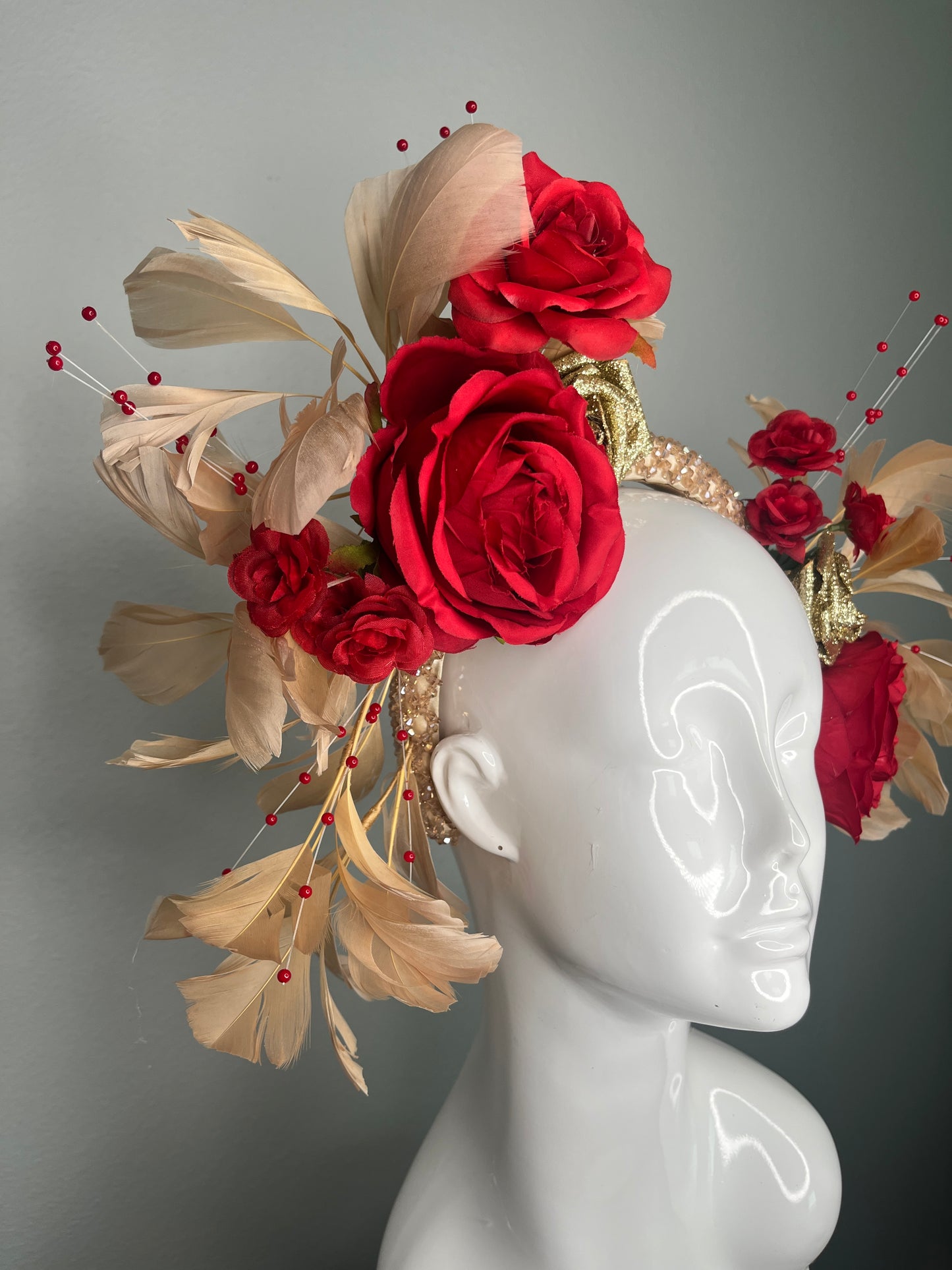 Red & Gold Rose Derby Fascinator | Dramatic Race Day Headpiece | Kentucky Derby Statement Crown | Elegant Floral Hat