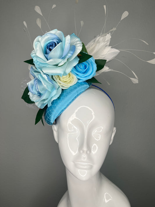 Light Blue Floral Kentucky Derby Fascinator – Sky Blue  Hat with Roses, Navy Flower & White Feather Sprays