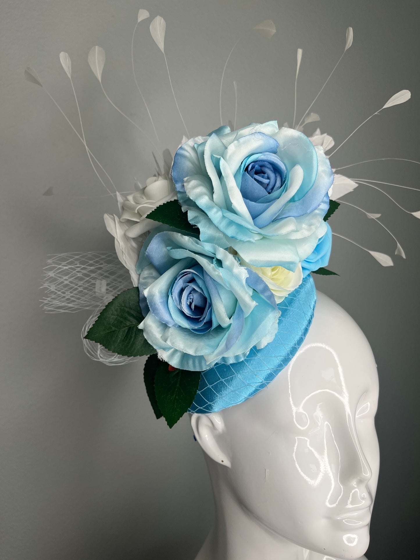 Light Blue Floral Kentucky Derby Fascinator – Sky Blue  Hat with Roses, Navy Flower & White Feather Sprays