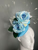 Light Blue Floral Kentucky Derby Fascinator – Sky Blue  Hat with Roses, Navy Flower & White Feather Sprays